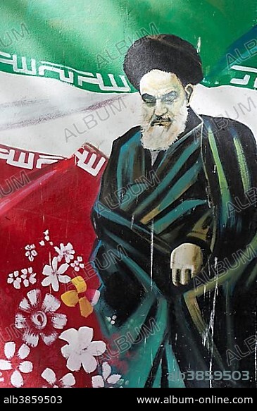 Graffiti on a wall, portrait of Ayatollah Khomeini, former Embassy of the United States of America in Tehran, Iran, Asia.