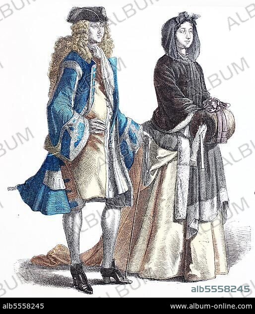 Folk traditional costume, clothing, history of costumes, German gentleman and lady, ca 1700-1735, Germany, Historical, digitally restored reproduction of a 19th century original, Europe.