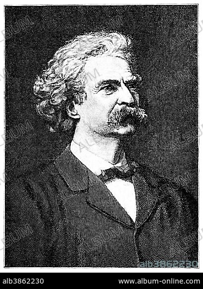 Historical illustration from the 19th Century, portrait of Samuel Langhorne Clemens or Mark Twain, 1835 - 1910, an American writer, author of The Adventures of Tom Sawyer and Huckleberry Finn.