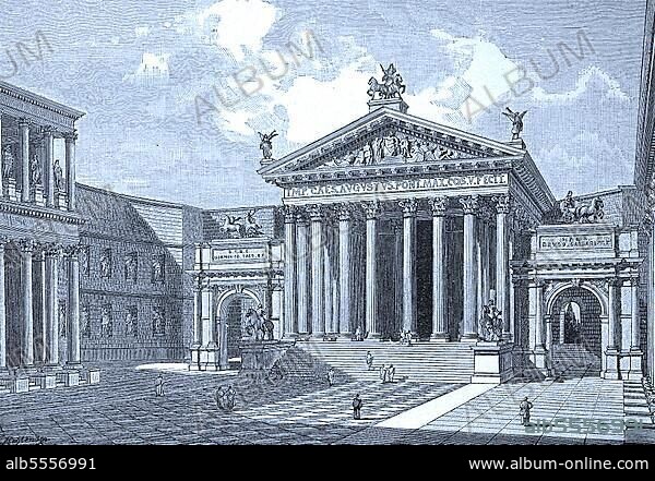 Das Forum des Augustus, italienisch: Foro di Augusto, ist eines der von Augustus erbauten Kaiserforen von Rom, Italien, Rekonstruktion von G. Rehlender, digitale verbesserte Reproduktion eines Originaldrucks aus dem 19. Jahrhundert.