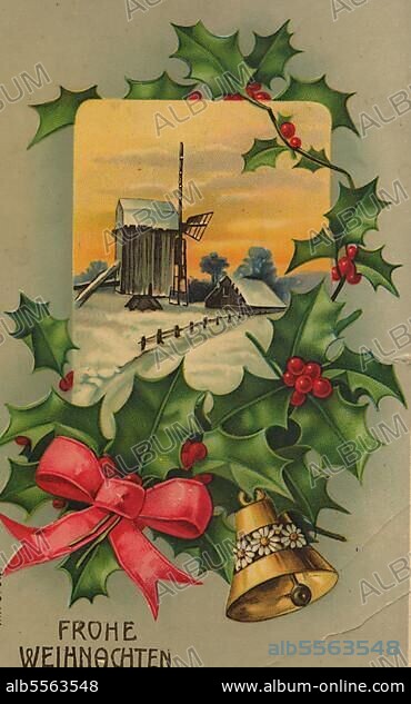 Historische Weihnachtskarte aus Holland, mit Ilex Stechpalme und einer Windmühle, 1890, Historisch, digitale Reproduktion einer Originalvorlage aus dem 19. Jahrhundert.