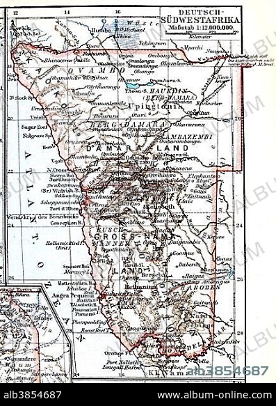Map of the former colony of German South-West Africa, now Namibia, Meyers Konversations-Lexikon encyclopedia 1897.