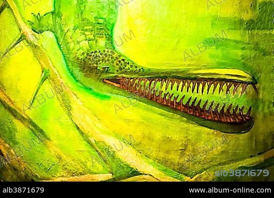 Painting depicting an Euthecodon, an extinct genus of long-shouted crocodiles, National Museum of Ethiopia, Addis Ababa, Oromia Region, Ethiopia, Africa.