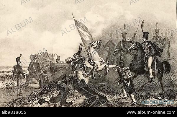 Killing of General Van Merlen on 16 June 1815 at Waterloo; Major General Jean Baptiste Baron van Merlen (11 May 1772-18 June 1815) was a Flemish officer who fought on both sides during the French Revolutionary and Napoleonic Wars following the changing fortunes of his homeland; Historical; digitally restored reproduction from a 19th century original.
