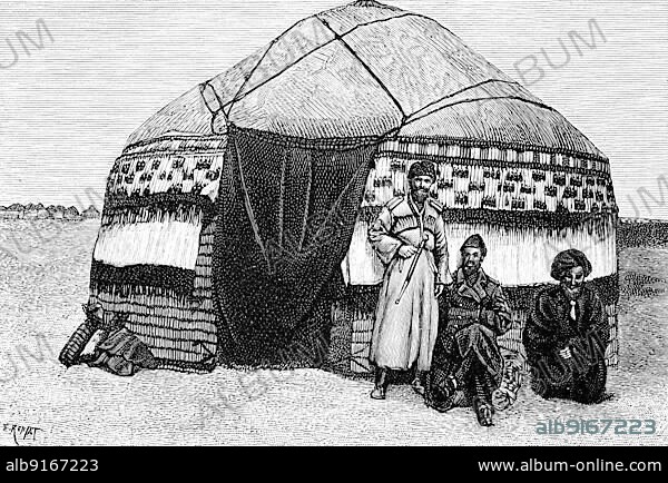 Turkmenistan, a traditional yurt, round tent covered with skins or felt and used as a dwelling by nomads in the steppes of Central Asia, Historical, digitally restored reproduction of a 19th century original, exact date unknown, Asia.