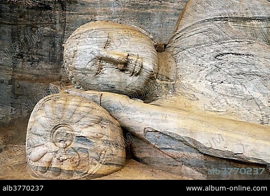 Rock relief, lying Buddha, Gal Vihara Temple, Polonnaruwa, North Central Province, Sri Lanka, Asia.