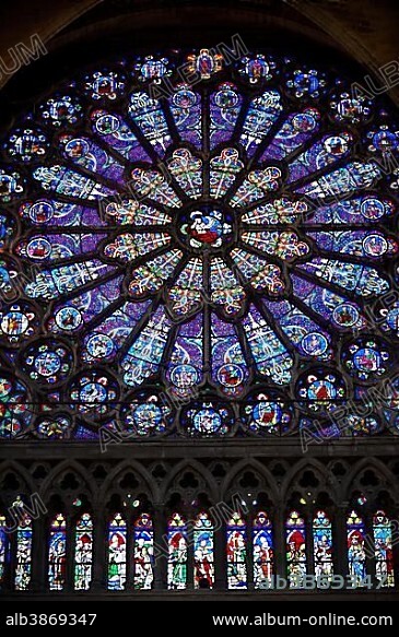 Gothic Rayonnant stained glass rose window, Cathedral Basilica of Saint Denis, Basilique Saint-Denis, Paris, Ile-de-France, France, Europe.