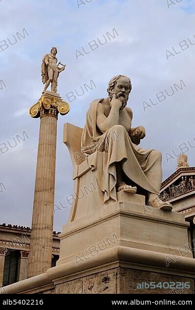 Statues in front of the Academy of Arts, Athens, Greece, Europe.