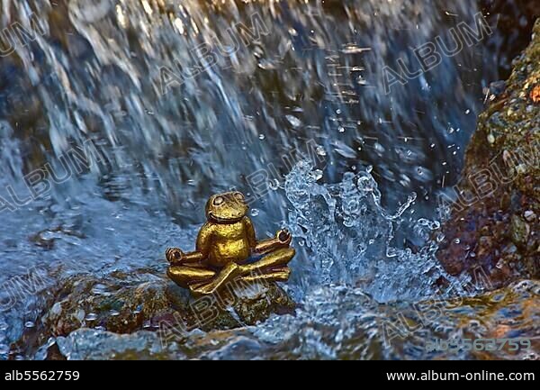 Meditating golden frog from above, top view, golden frog figure meditating at the waterfall, splashing water, rushing river, meditation, frog meditating, relaxation, mind exercises, mindfulness training, yoga, Buddhism, autogenic training, spirituality, meditate, Om, Siddhartha Gautama.