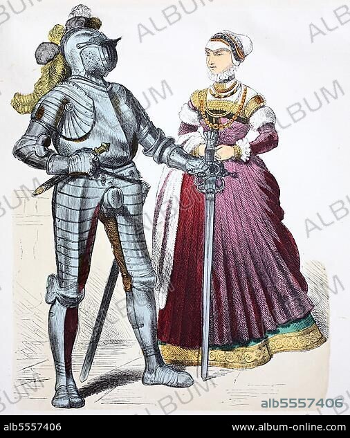 Folk traditional costume, clothing, history of costumes, knight and noblewoman, 1570, Germany, Europe.