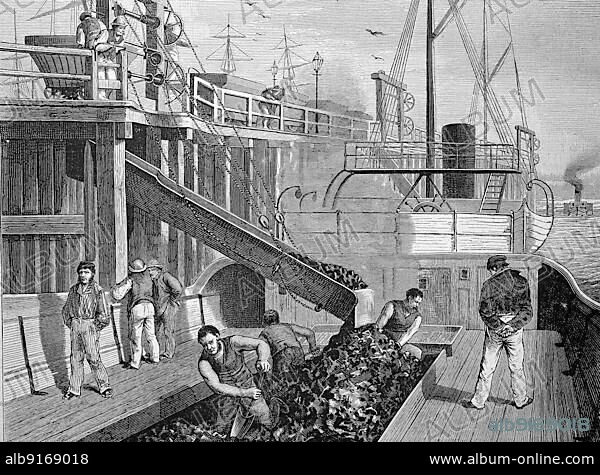 Loading of a coal steamboat in a harbour in England, coal is shovelled into the storage bunker, Historic, digitally restored reproduction of a 19th century original, exact original date unknown.
