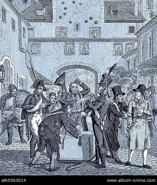Das Kontinentalsystem oder Kontinentalsperre, digitale verbesserte Reproduktion eines Originaldrucks 1880, war die Außenpolitik Napoleons I. von Frankreich gegen das Vereinigte Königreich während der Napoleonischen Kriege, französische Soldaten kontrollieren die Leute am Tor zu Leipzig, damit keine englischen Waren herausgebracht werden, Deutschland.