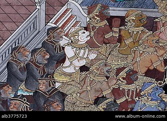 Monkey King Hanuman, figures from Ramakia, walls in Wat Phra Kaeo, Ko Ratanakosin, Bangkok, Thailand, Asia.