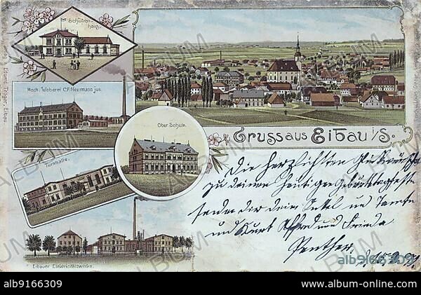 Eibau in the district of Görlitz, Saxony, Germany, view from around 1910, digital reproduction of a historical postcard, public domain, from that time, exact date unknown, Europe.