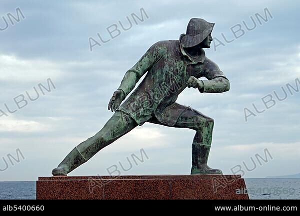 Statue fishermen heroes World War II on waterfront, Milazzo, Sicily, Italy, Europe.