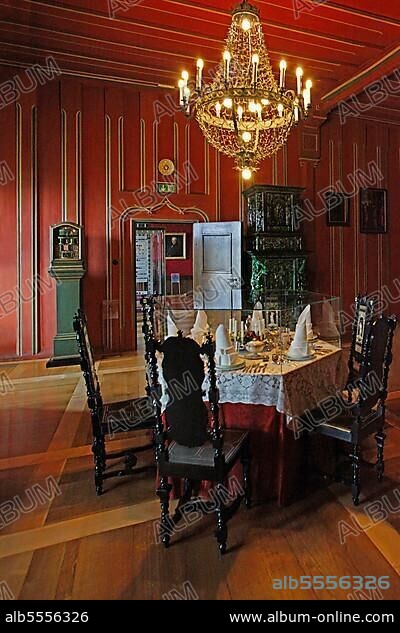 Fürstenbau of the Veste Coburg, living room in the guest apartment, set table, Coburg, Upper Franconia, Bavaria, guest apartment, Fürstenbau, Germany, Europe.