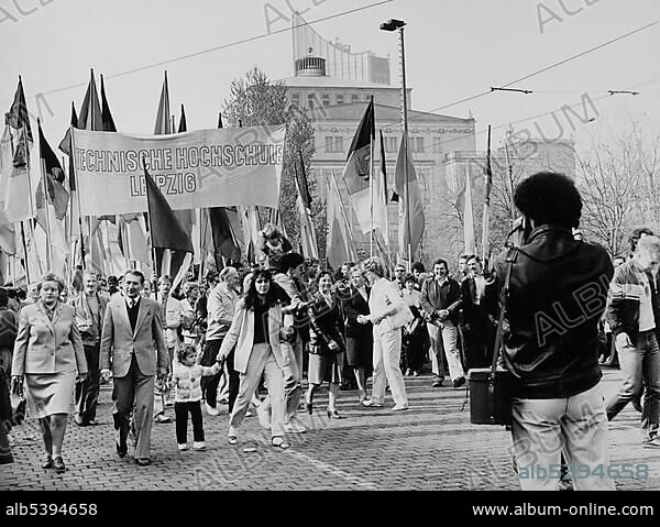 Labour Day demonstration, 1 May, circa 1976, Leipzig, Saxony, GDR, East Germany, Europe.