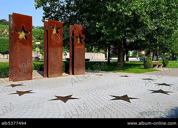 Memorial, nearby the Schengen Agreement was signed on the ship Princess Marie-Astrid in 1985, Schengen, Luxembourg, Europe.