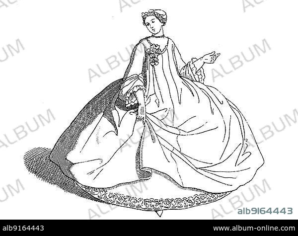 Lady with contouche and small coiffure, 1730, folk traditional costume, history of fashion, costume history, historical, digitally restored reproduction of a 19th century original, exact date unknown.