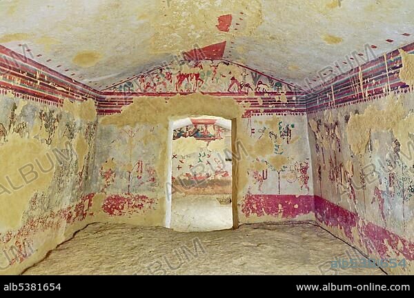 Frescoes, Tomba della Caccia e Pesca, The Tomb of Hunting and Fishing, one of the Etruscan grave chambers of Monterozzi Necropolis, 6th to 2nd century BC, Tarquinia, Lazio, Italy, Europe.