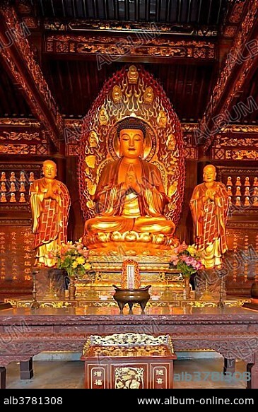 Golden Buddha statue and relics inside the Giant Wild Goose Pagoda, X'ian, Shaanxi Province, China, Asia.