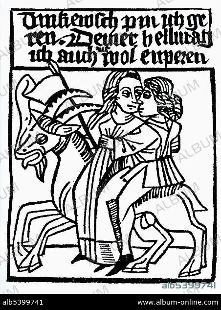Lust, allegoric image of the vices, gothic wood carving about 1480.