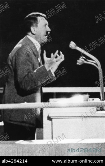Adolf Hitler delivering a speech during a National Socialist Party Rally.. September 6, 1938.