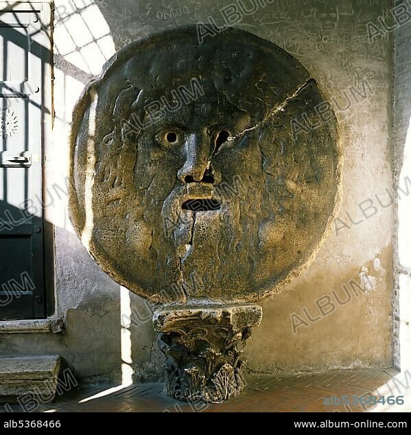 Bocca della Verita in the church Santa Maria in Cosmedin, a stone mask typifying the ocean or Oceanus, the world-ocean of ancient Rome, Rome, Italy, Europe.