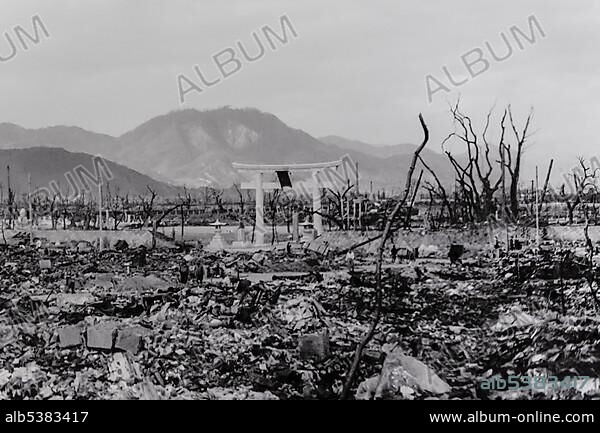 Historical black-and-white photography, destruction after the Hiroshima atomic bomb was dropped, Hiroshima Peace Memorial Museum, Hiroshima Peace Park, Peace Memorial Park, Hiroshima, Japan, Asia.