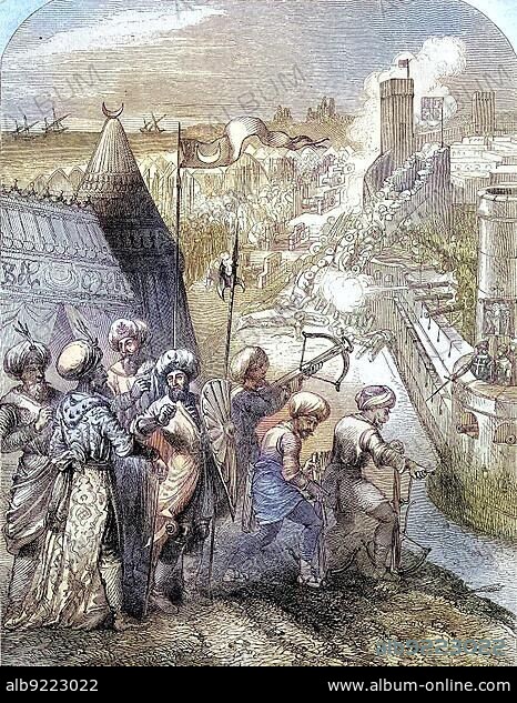 Sultan Mehmed's army under the supreme command of Mesih Pasha, a Palaiologist, besieged the city of Rhodes with about 100. 000 men from 23 May 1480 to 28 July 1480, Greece, Historical, digitally restored reproduction of a 19th century original, Europe.