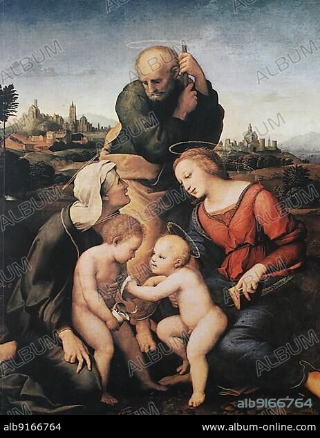 The Holy Family from the House of Canigiani. by Raffaello Sanzio da Urbino, also Raffael da Urbino, Raffaello Santi, Raffaello Sanzio, Raphael, Italian painter, Italy, digitally restored reproduction of a work of art (public domain) from c. 1500, Europe.
