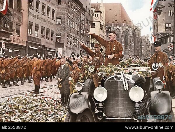 Adolf Hitler (* 20 April 1889 in Braunau am Inn) († 30 April 1945 Berlin), Leader of the Nazi Party, Reich Chancellor from 1933, also self-appointed "Fuehrer" and head of state of Germany, Mercedes Benz, Car.