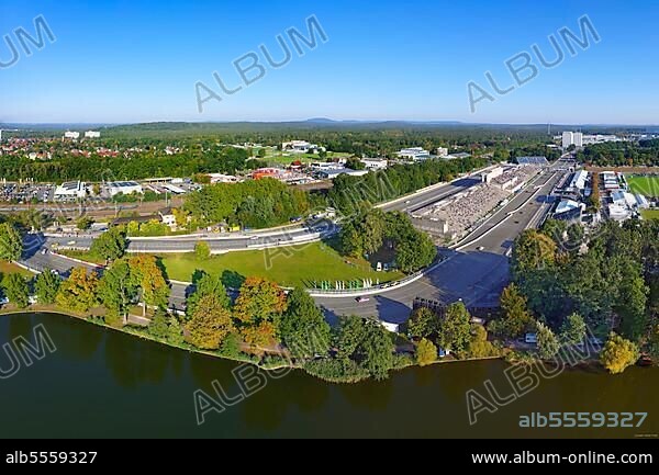 Norisring, street circuit, tempo car race track for DTM, Deutsche Tourenwagen Masters, Dutzendteich in front, right back, Stein or Zeppelin main grandstand, former Nazi Party Rally Grounds, Nuremberg, Middle Franconia, Franconia, Bavaria, Germany, Europe.