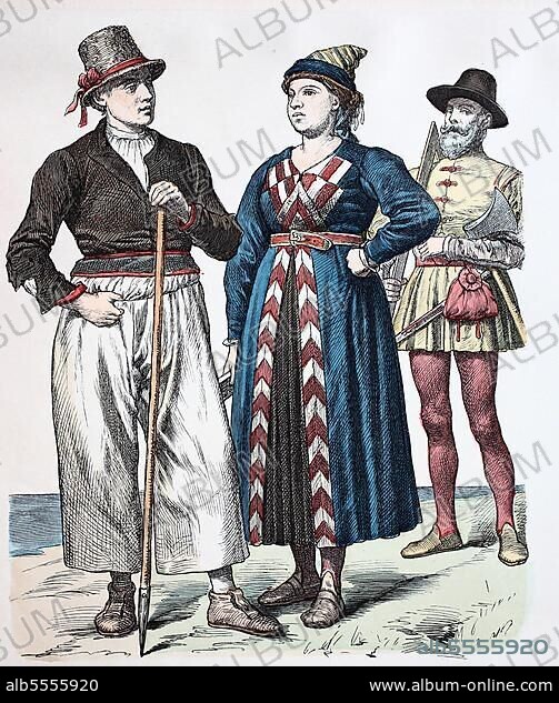 Folk traditional costume, clothing, history of costumes, man and woman from the island of Sylt, man from Haderstedt, traditional costumes from Friesland, Germany, 16th century, digitally restored reproduction of a 19th century original, exact date unknown, Europe.