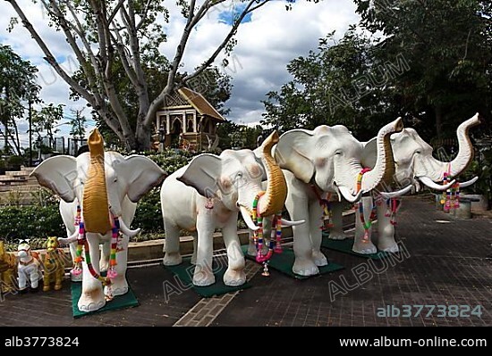 Elephant sculptures at the staircase to the Sarn Tay Pa Ruk, Elephant Shrine, Udon Thani, Isan, Thailand, Asia.