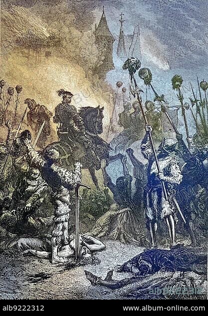 Florian Geyer after his victory over the garrison of Weinsberg, Florian Geyer of Giebelstadt, 1490, 1525, was a German nobleman, diplomat and knight. He became widely known as the leader of the peasants in the German Peasants War, Historical, digitally restored reproduction from a 19th century original.