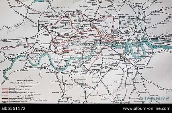 Stadtplan, 1892, London Underground and train, Great Britain, England, digital restaurierte Reproduktion einer Originalvorlage aus dem 19. Jahrhundert.