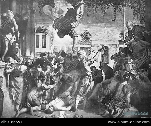 Historic photo (ca 1880) of The Miracle of the Slave, The Miracle of St. Mark, a painting by the Italian Renaissance artist Jacopo Tintoretto, Italy, Historic, digitally restored reproduction of a 19th century original, exact original date not known, Europe.