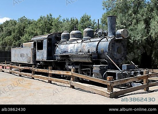 Historic steam locomotive, Furnace Creek Ranch Resort Oasis, Death Valley National Park, Mojave Desert, California, USA, North America.