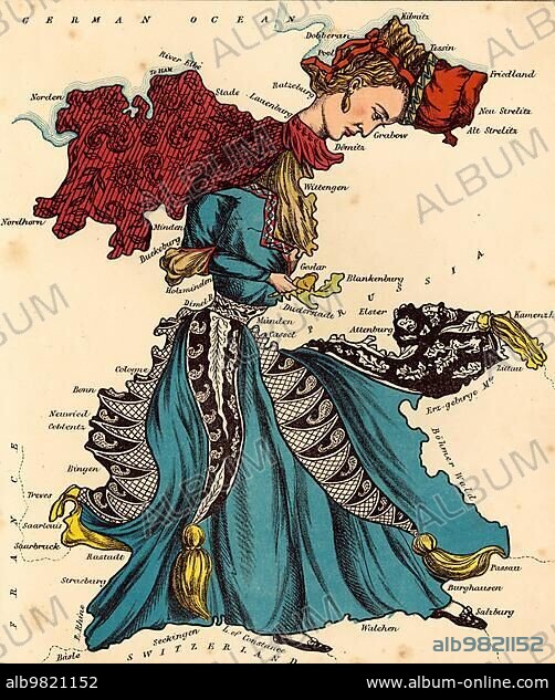 Personified Map; c. 1880; Germany; depicted as a dancing lady; Historic; digitally restored reproduction from a 19th century original; Europe.