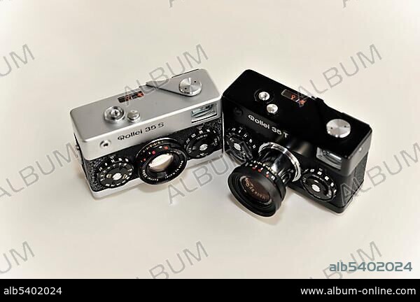 Analogue or film cameras, Rollei 35, Rollei 35s, left and Rollei 35T, right, miniature viewfinder camera, built from 1966.