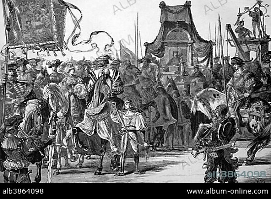 Elector Otto Heinrich, 1502 - 1559, Count Palatine of Pfalz-Neuburg and the Elector of the Palatinate, during the Heidelberg pageant, 1558, Heidelberg, Baden-Wuerttemberg, Germany, historical wood engraving, 1886, Europe.
