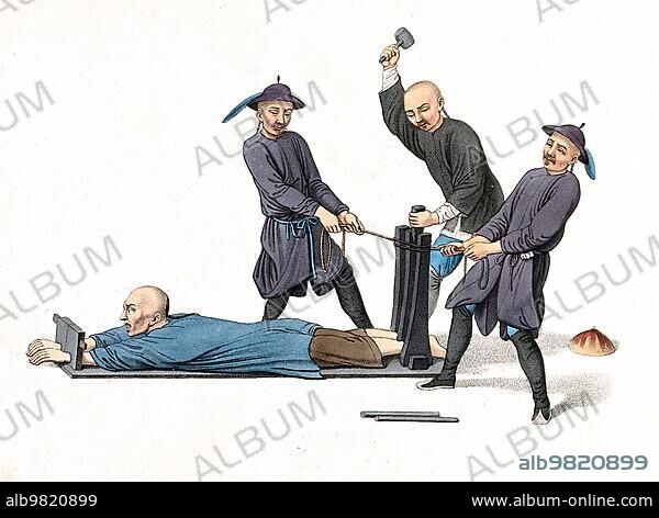 Torture; Punishment; Punishment; A Chinese man lies on a horizontal pillory while two Chinese tie a rope around the wooden construction at the foot of the pillory and a third man hammers on a pole; c. 1810; China; Historical; Digitally restored reproduction from a 19th century original; Asia.