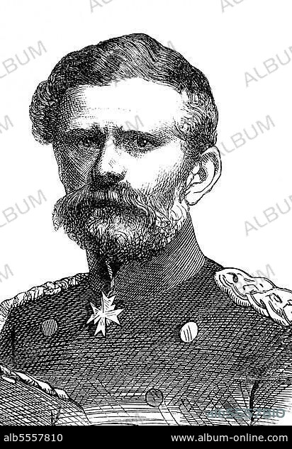 Porträt von Edwin Freiherr von Manteuffel, 24. Februar 1809, 17. Juni 1885, war ein preußischer General, der im Deutsch-Französischen Krieg das preußische I. Korps befehligte, Kommandeur des Norddeutschen Bundesheeres, Historisch, digital restaurierte Reproduktion einer Originalvorlage aus dem 19. Jahrhundert, genaues Originaldatum nicht bekannt.