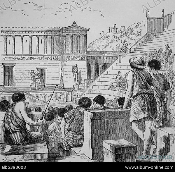 Theater in Egesta, today Segeste, Sicily, Italy, historical woodcut, circa 1870, Europe.