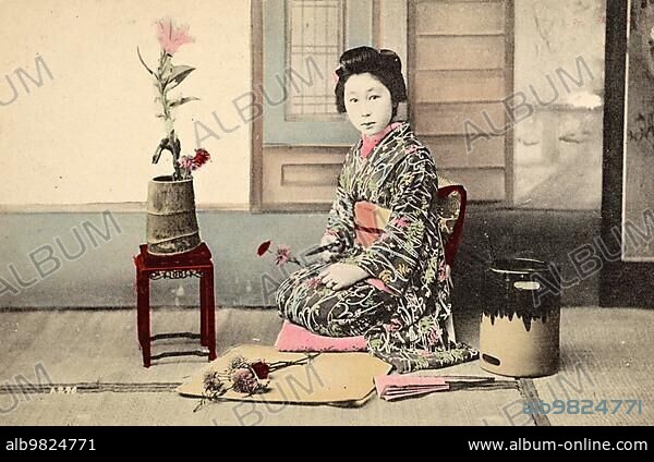 Portrait of a Japanese Young Woman; Possibly a Maiko; a Learning Geisha; c. 1909; Japan; Historic; digitally restored reproduction from a 19th century original; Asia.