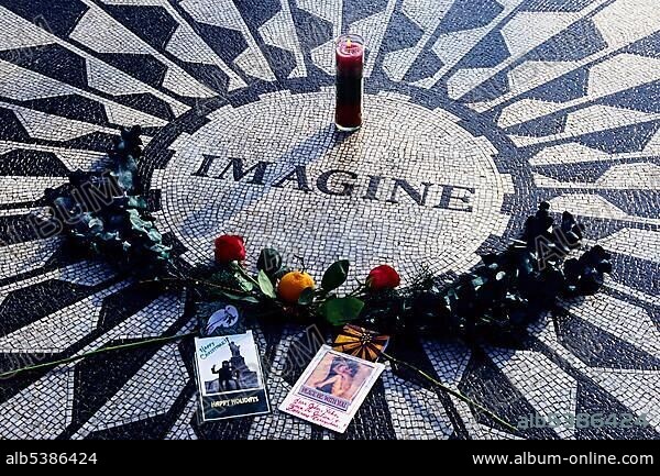 Decorated memorial site for John Lennon, Strawberry Fields, Central Park, New York City, USA, North America.