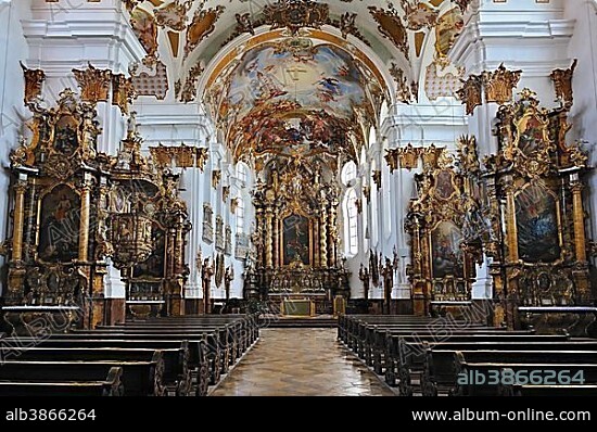 Heilig-Kreuzkirche, Church of the Holy Cross, built in 1754, ceiling frescoes by Thomas Scheffler, Landsberg am Lech, Upper Bavaria, Bavaria, Germany, Europe.