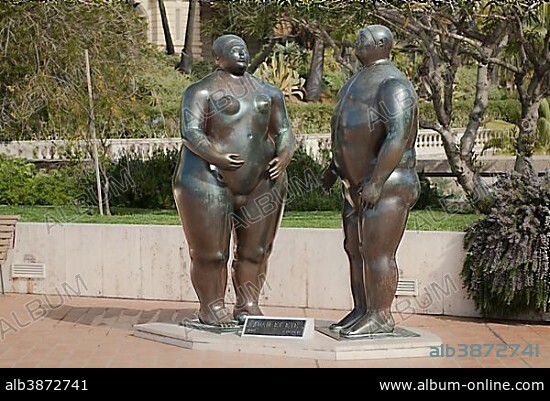 Bronze sculpture, Adam and Eve, 1981 by Fernando Botero, park behind the Casino Monte-Carlo, Monaco, Europe.