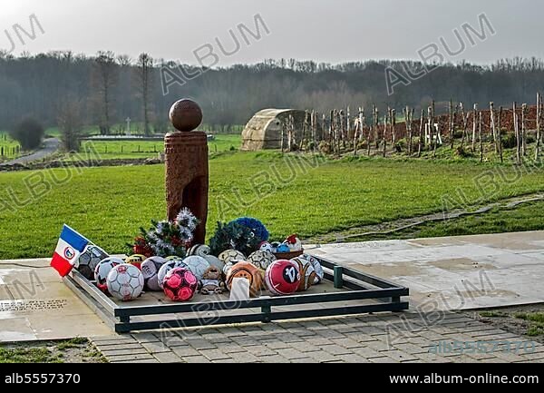 World War I Memorial to the Christmas Truce Football Match between English and German Troops in No Man's Land at Ploegsteert, West Flanders, Belgium, Europe.